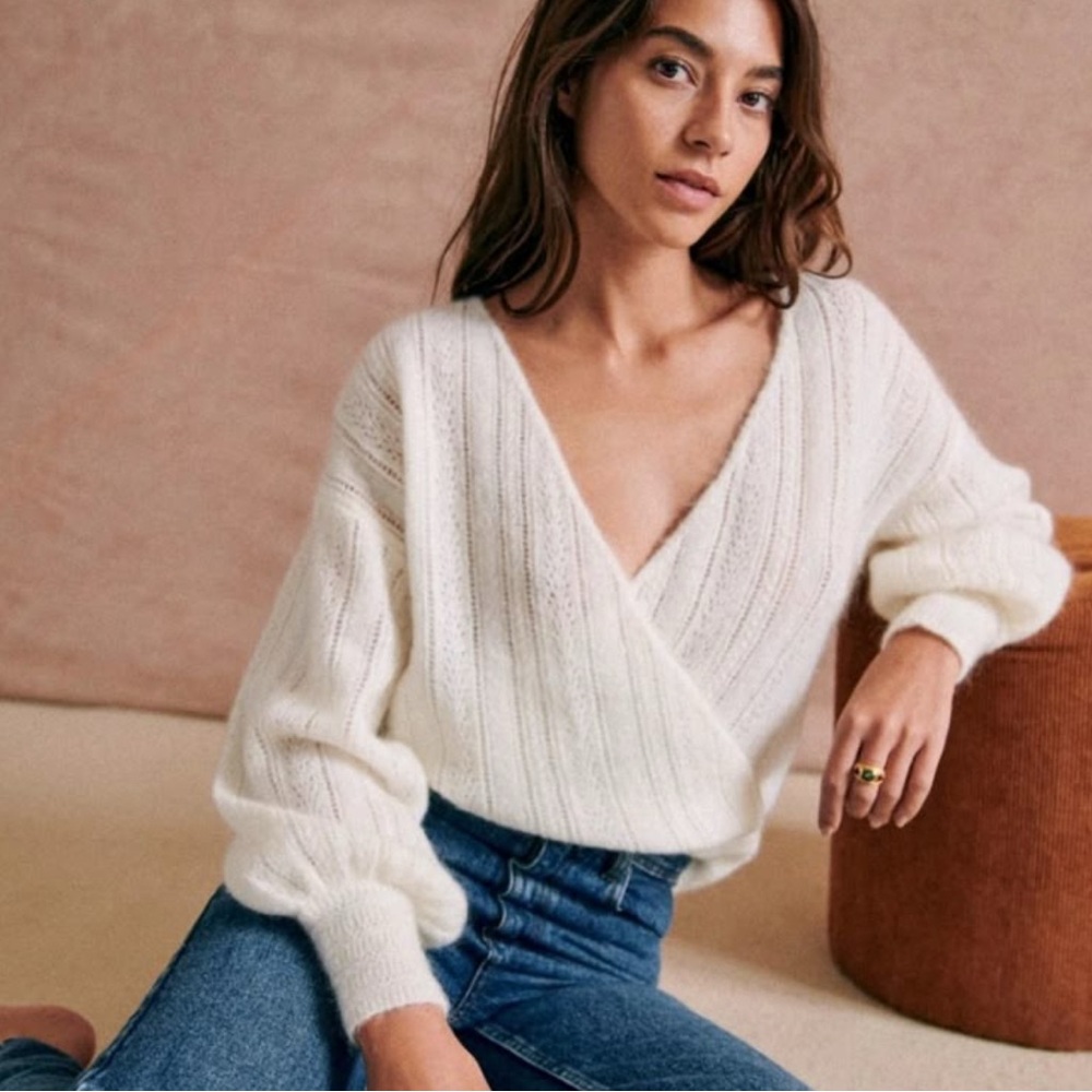 SEZANE Cream Crossover V Neck Sweater
